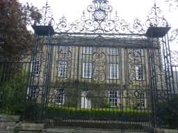 Oblique view of gates of Tanfield Hall May 2016